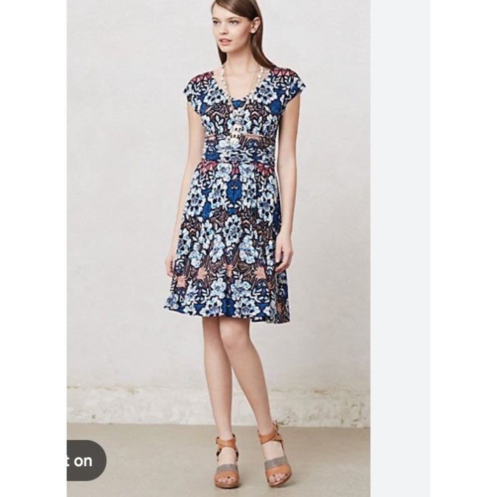Meadow Rue Anthropologie Blue Pink Floral Ruched Waist Fit Flare Dress M